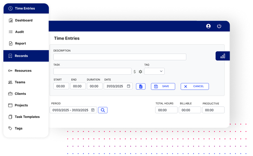 Symtime project management dashboard showing time tracking, analytics, and project overview features